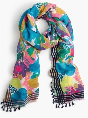 J Crew Seaside Floral Scarf with Tassels Linen Cotton Blend 30” x 80”